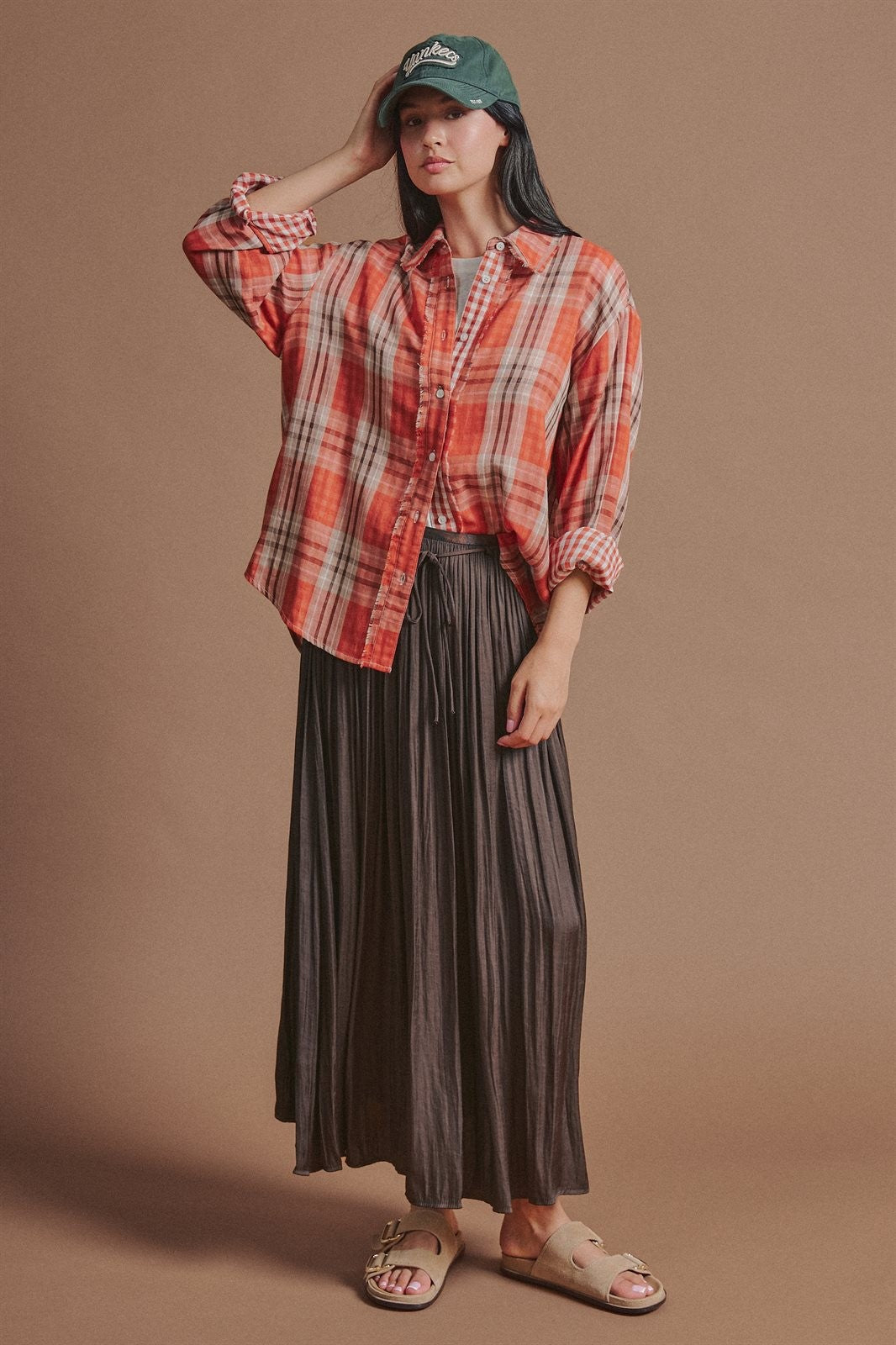 Washed Satin Crinkle Pleated Maxi Skirt in Brown - Women's Wholesale Skirts | Trend Notes