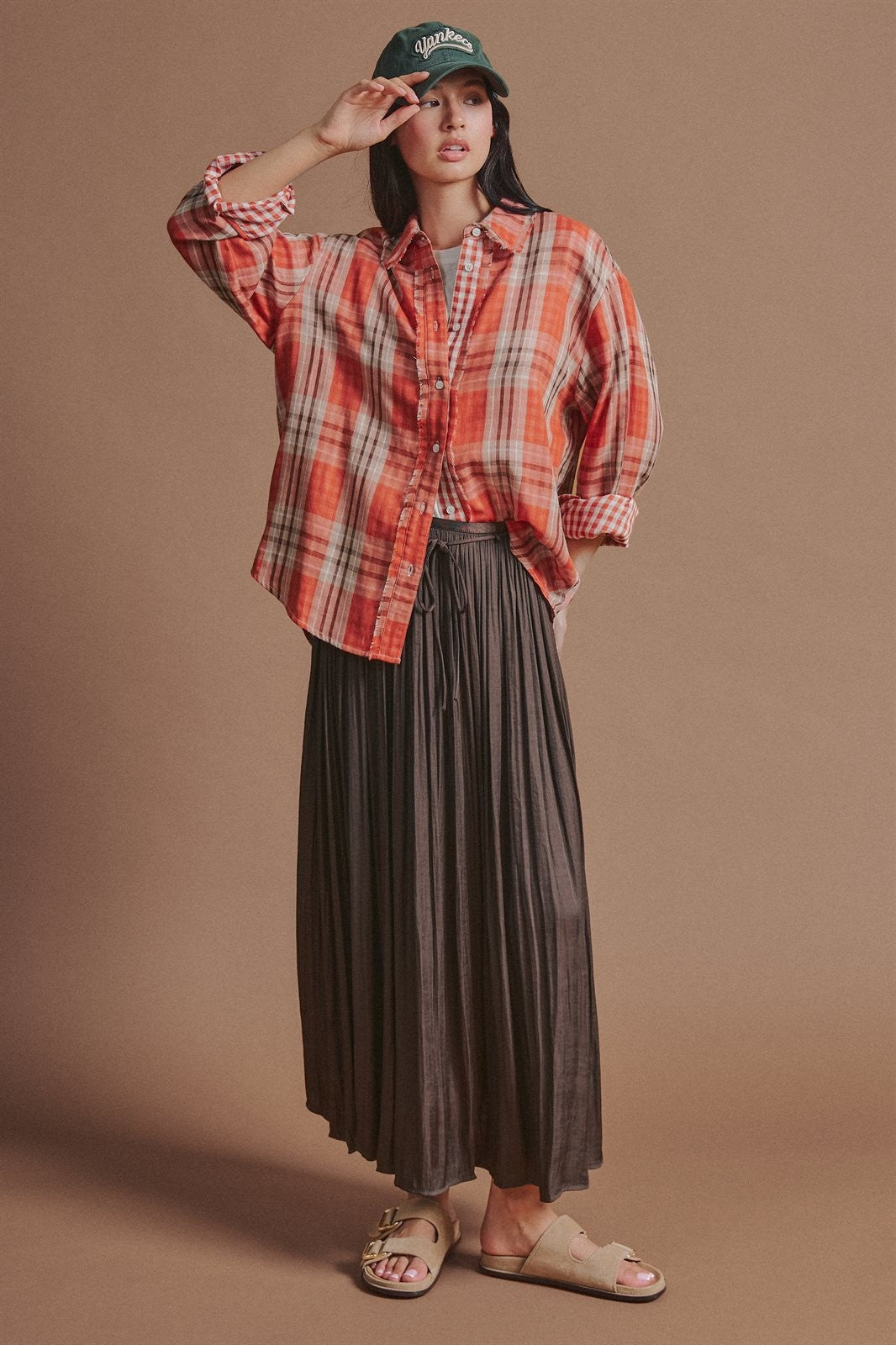 Washed Satin Crinkle Pleated Maxi Skirt in Brown - Women's Wholesale Skirts | Trend Notes