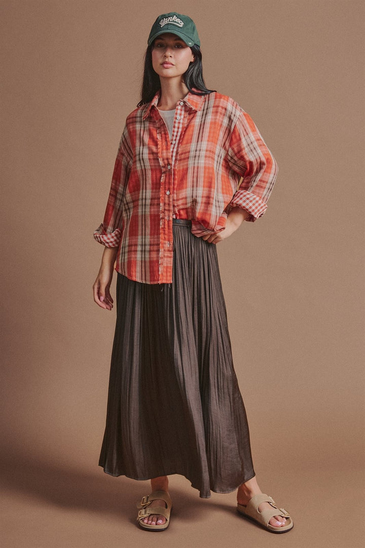 Washed Satin Crinkle Pleated Maxi Skirt in Brown - Women's Wholesale Skirts | Trend Notes