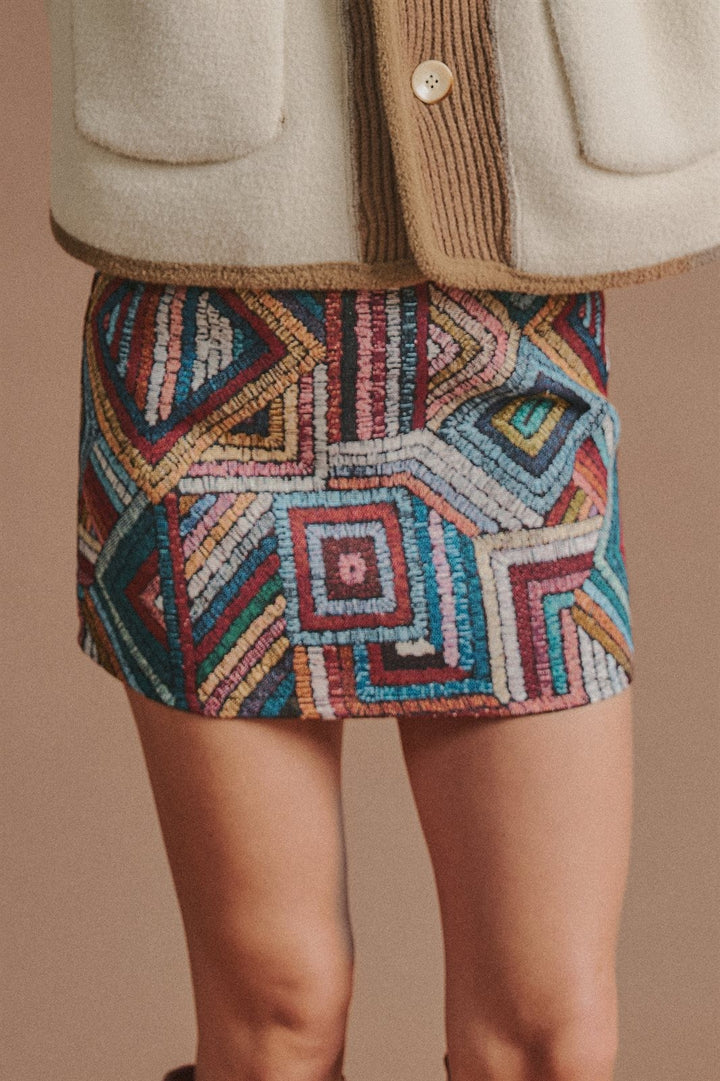 Geometric Tapestry Mini Skirt in Brown - Women's Wholesale Mini Skirts | Trend Notes