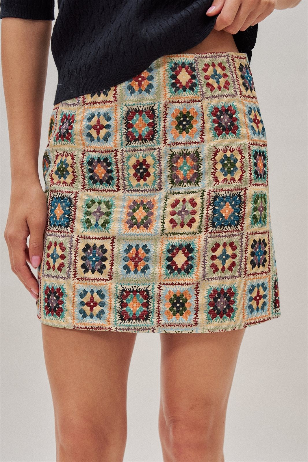 Geometric Tapestry Mini Skirt in Cream - Women's Wholesale Mini Skirts | Trend Notes