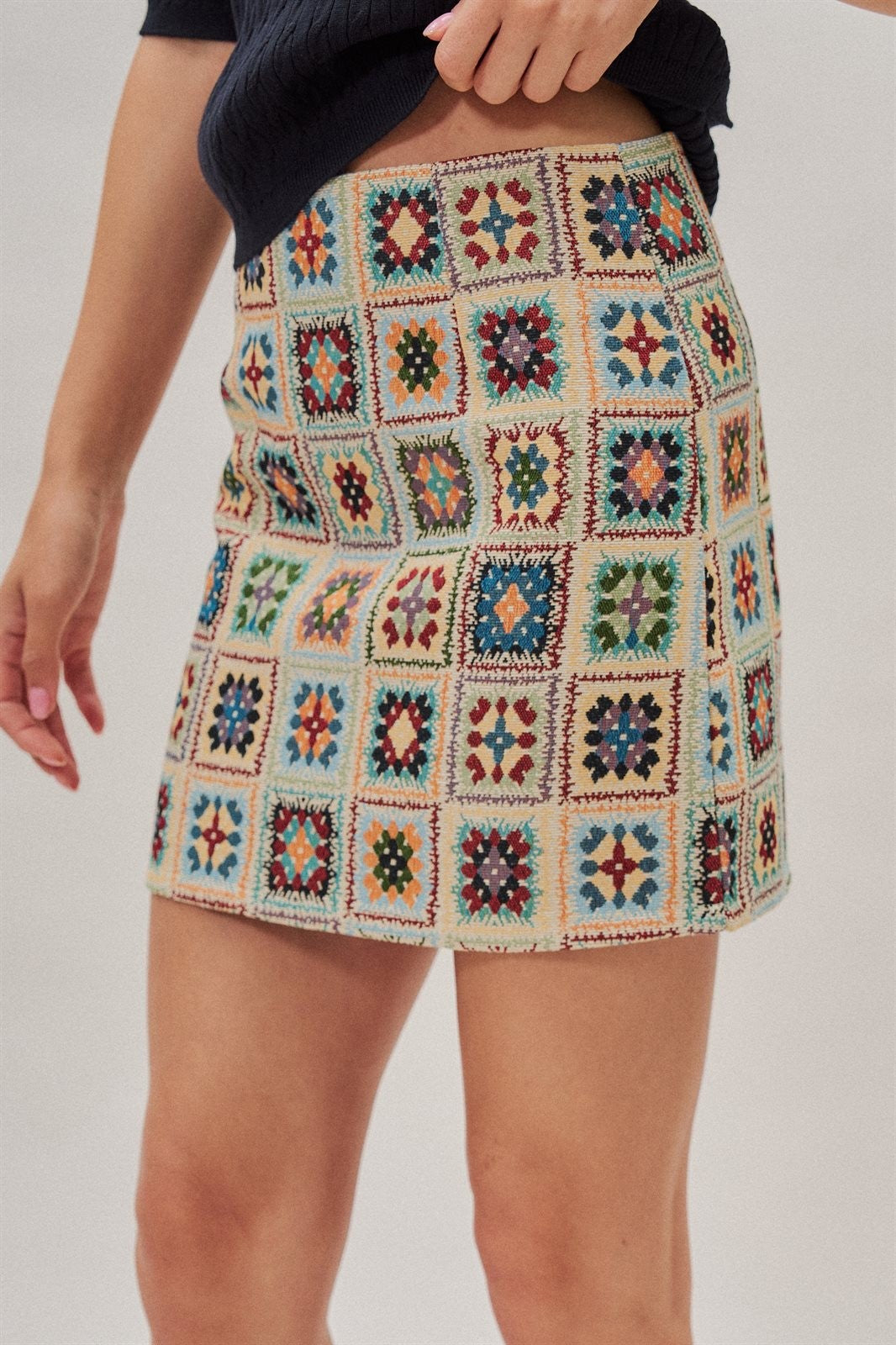 Geometric Tapestry Mini Skirt in Cream - Women's Wholesale Mini Skirts | Trend Notes