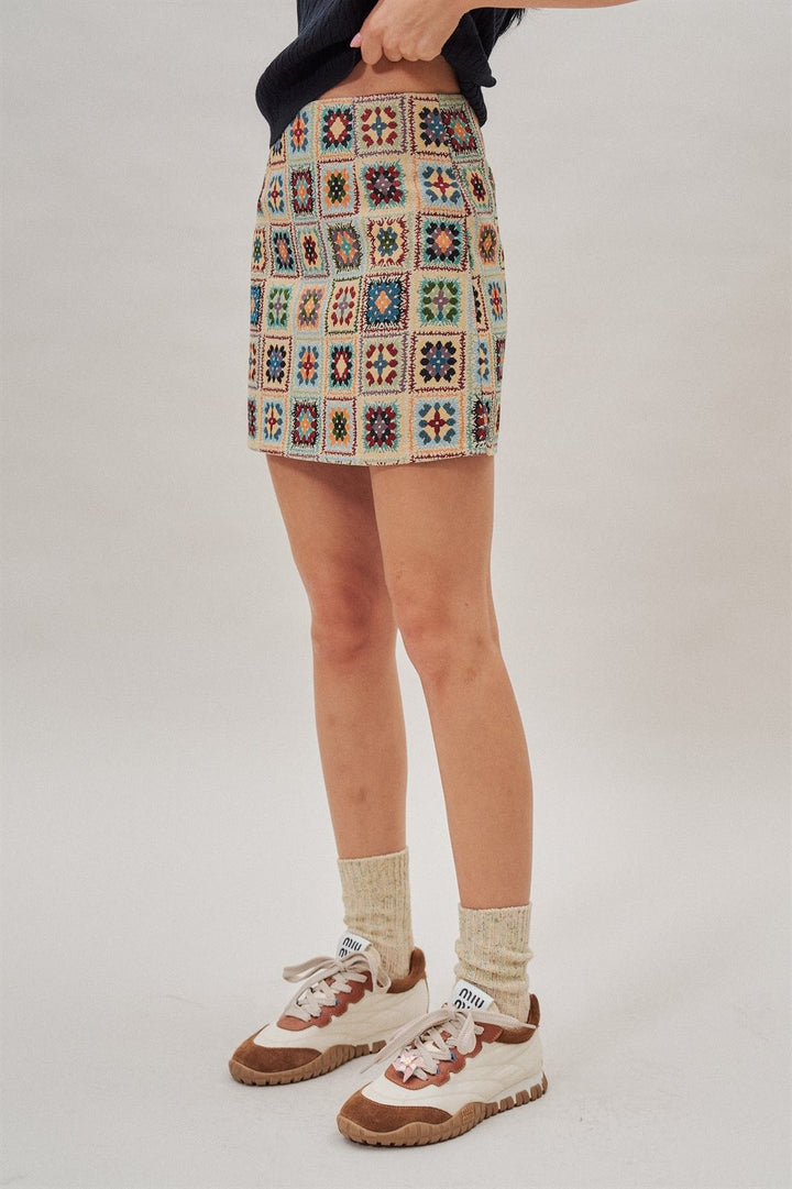 Geometric Tapestry Mini Skirt in Cream - Women's Wholesale Mini Skirts | Trend Notes