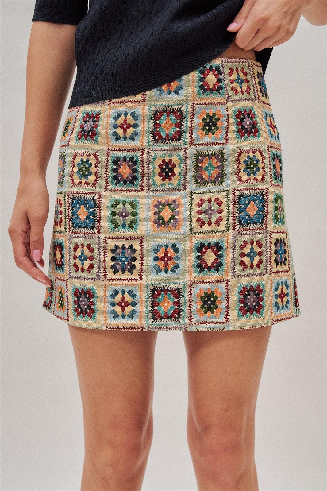 Geometric Tapestry Mini Skirt in Cream - Women's Wholesale Mini Skirts | Trend Notes