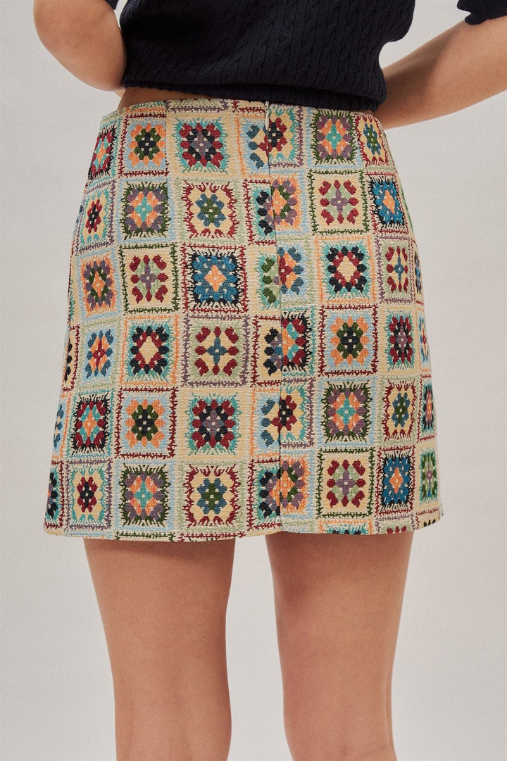Geometric Tapestry Mini Skirt in Cream - Women's Wholesale Mini Skirts | Trend Notes