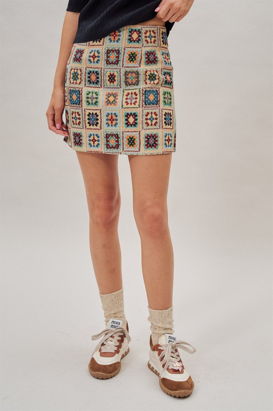 Geometric Tapestry Mini Skirt in Cream - Women's Wholesale Mini Skirts | Trend Notes