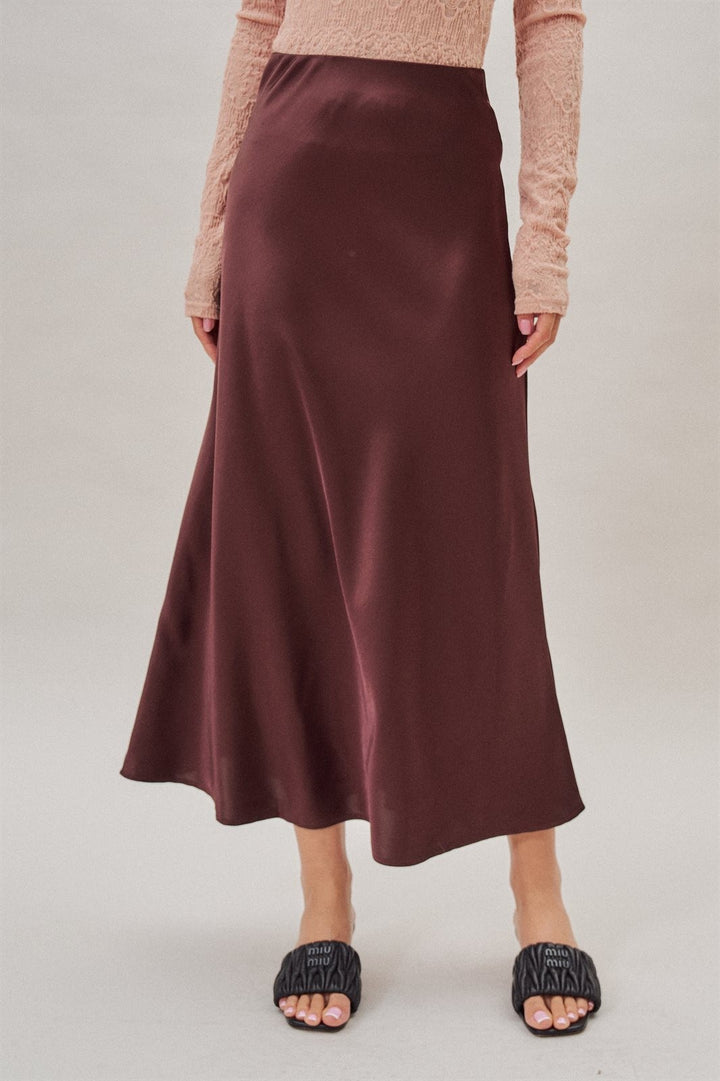 Bias Cut Satin Maxi Skirt with Fluid Drape in Burgundy - Women's Wholesale Skirts | Trend Notes
