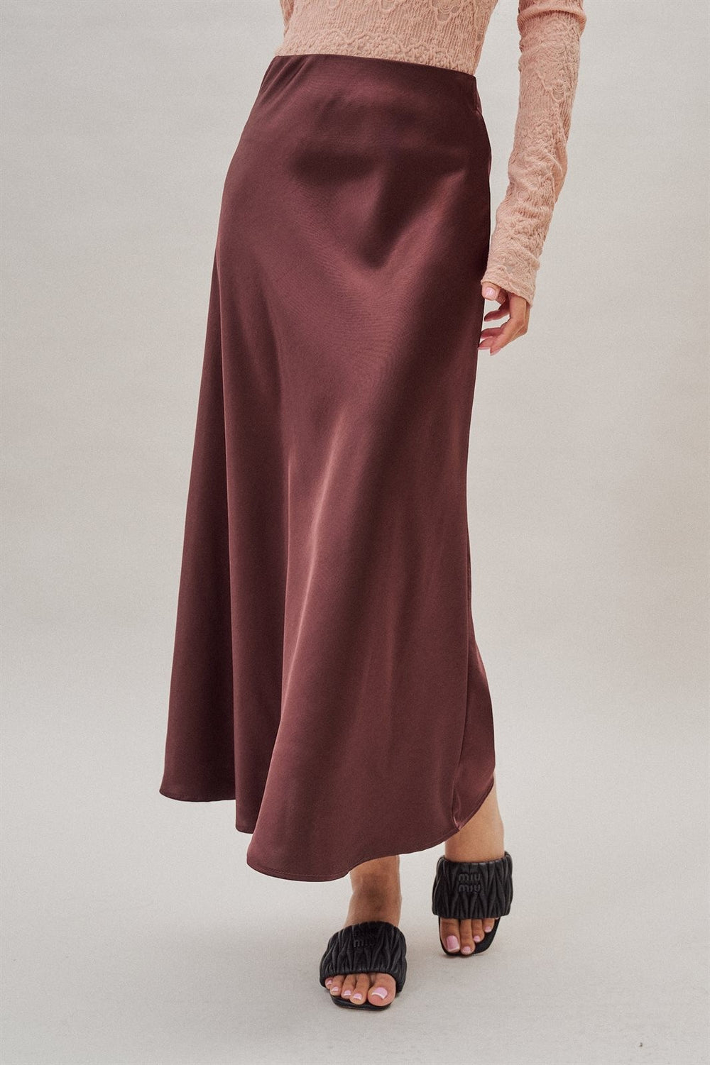 Bias Cut Satin Maxi Skirt with Fluid Drape in Burgundy - Women's Wholesale Skirts | Trend Notes