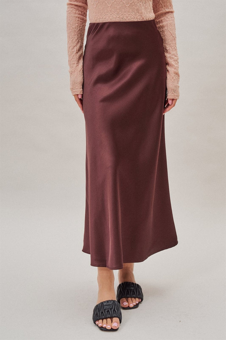 Bias Cut Satin Maxi Skirt with Fluid Drape in Burgundy - Women's Wholesale Skirts | Trend Notes