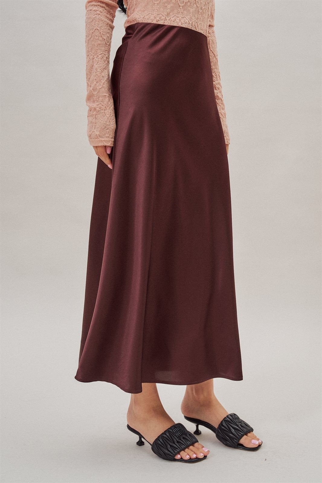 Bias Cut Satin Maxi Skirt with Fluid Drape in Burgundy - Women's Wholesale Skirts | Trend Notes