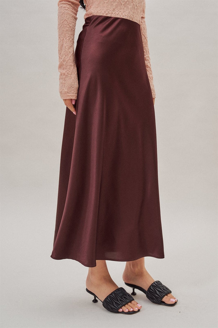 Bias Cut Satin Maxi Skirt with Fluid Drape in Burgundy - Women's Wholesale Skirts | Trend Notes