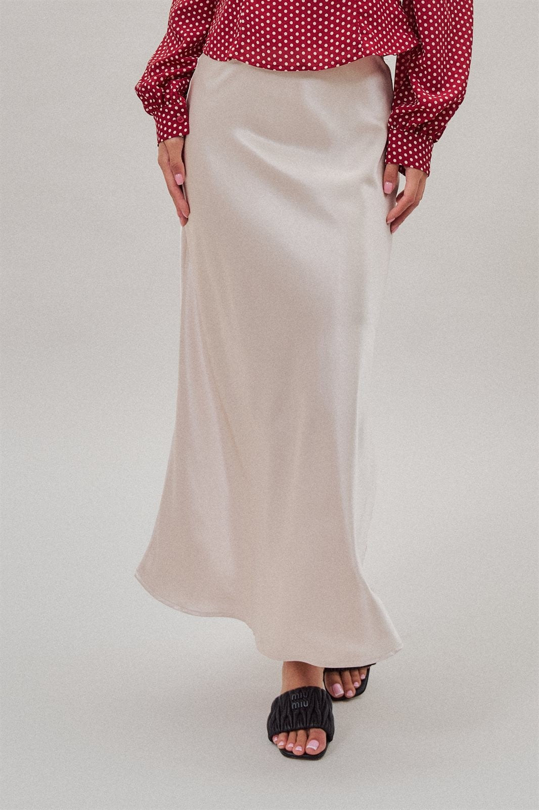 Bias Cut Satin Maxi Skirt with Fluid Drape in Natural - Women's Wholesale Skirts | Trend Notes
