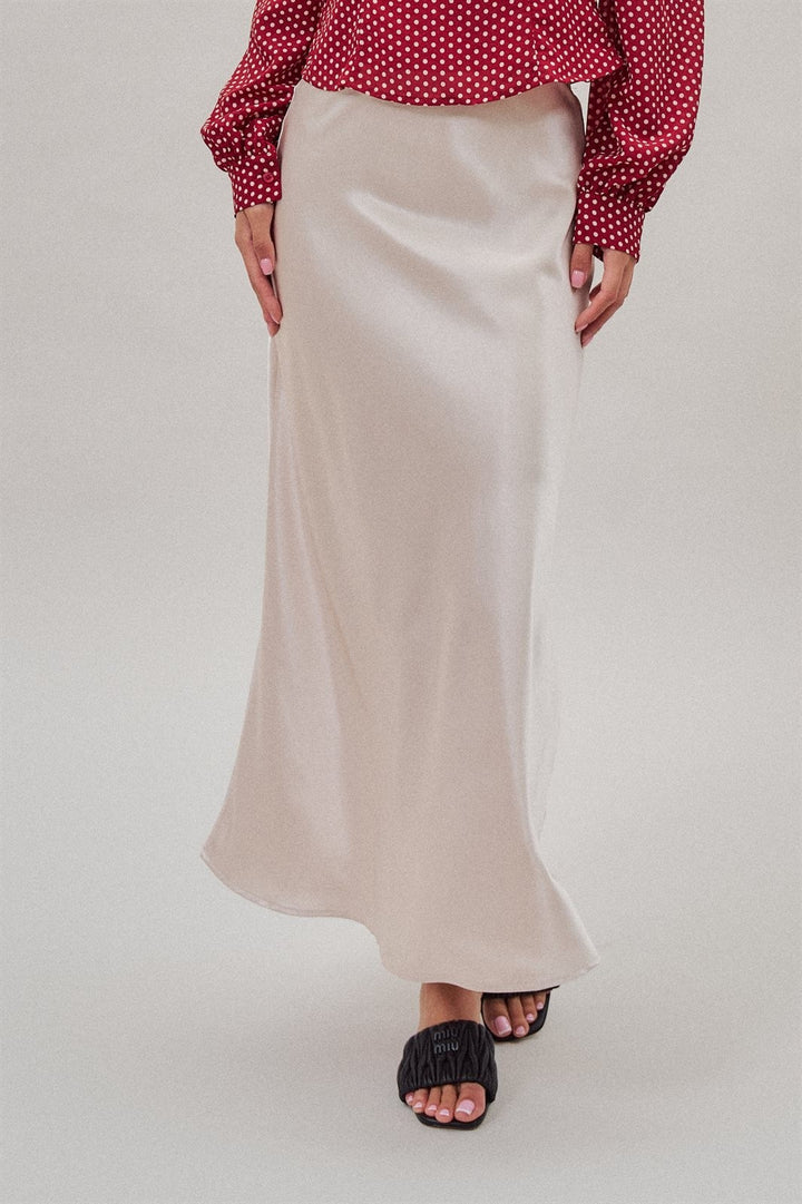 Bias Cut Satin Maxi Skirt with Fluid Drape in Natural - Women's Wholesale Skirts | Trend Notes