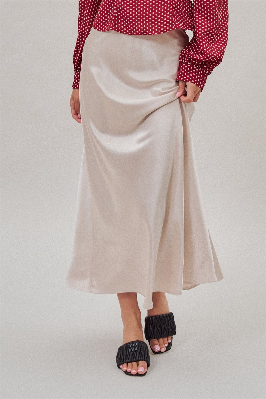 Bias Cut Satin Maxi Skirt with Fluid Drape in Natural - Women's Wholesale Skirts | Trend Notes