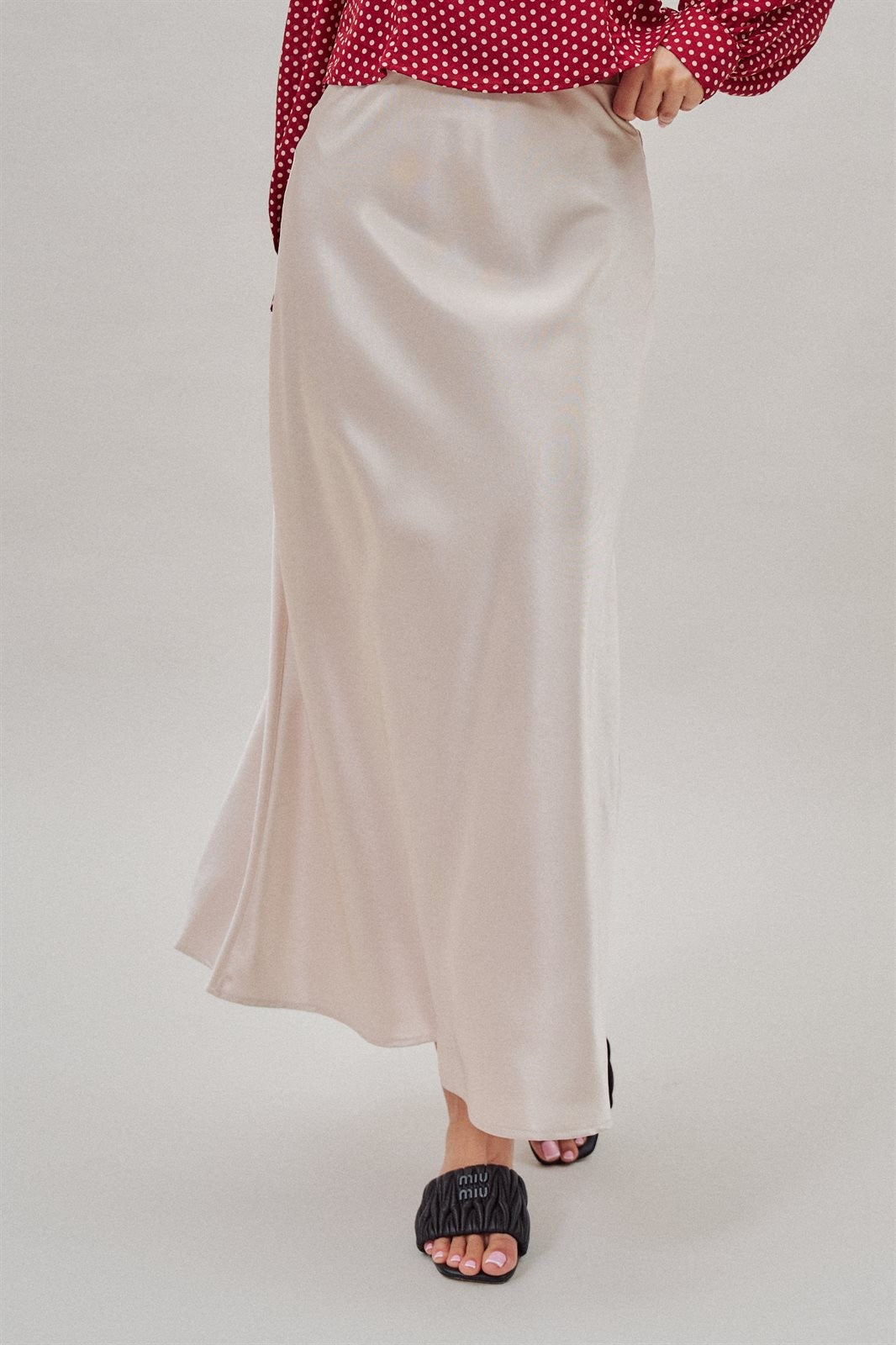 Bias Cut Satin Maxi Skirt with Fluid Drape in Natural - Women's Wholesale Skirts | Trend Notes
