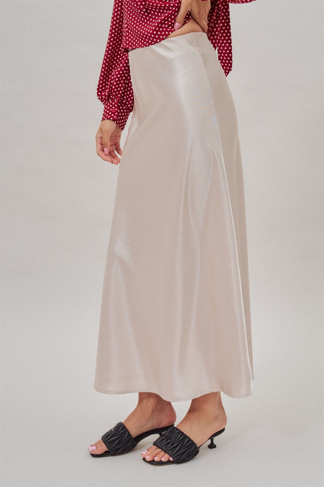 Bias Cut Satin Maxi Skirt with Fluid Drape in Natural - Women's Wholesale Skirts | Trend Notes