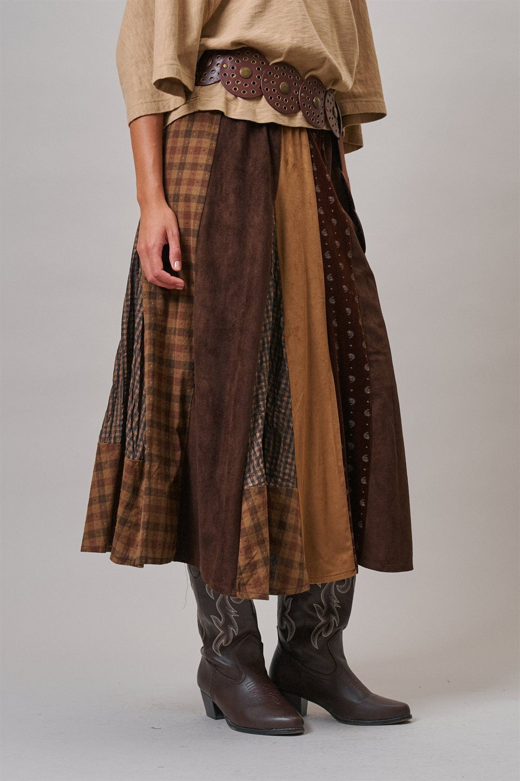 Prairie Song Patchwork Maxi Skirt in Brown - Women's Wholesale Maxi Skirts | Trend Notes