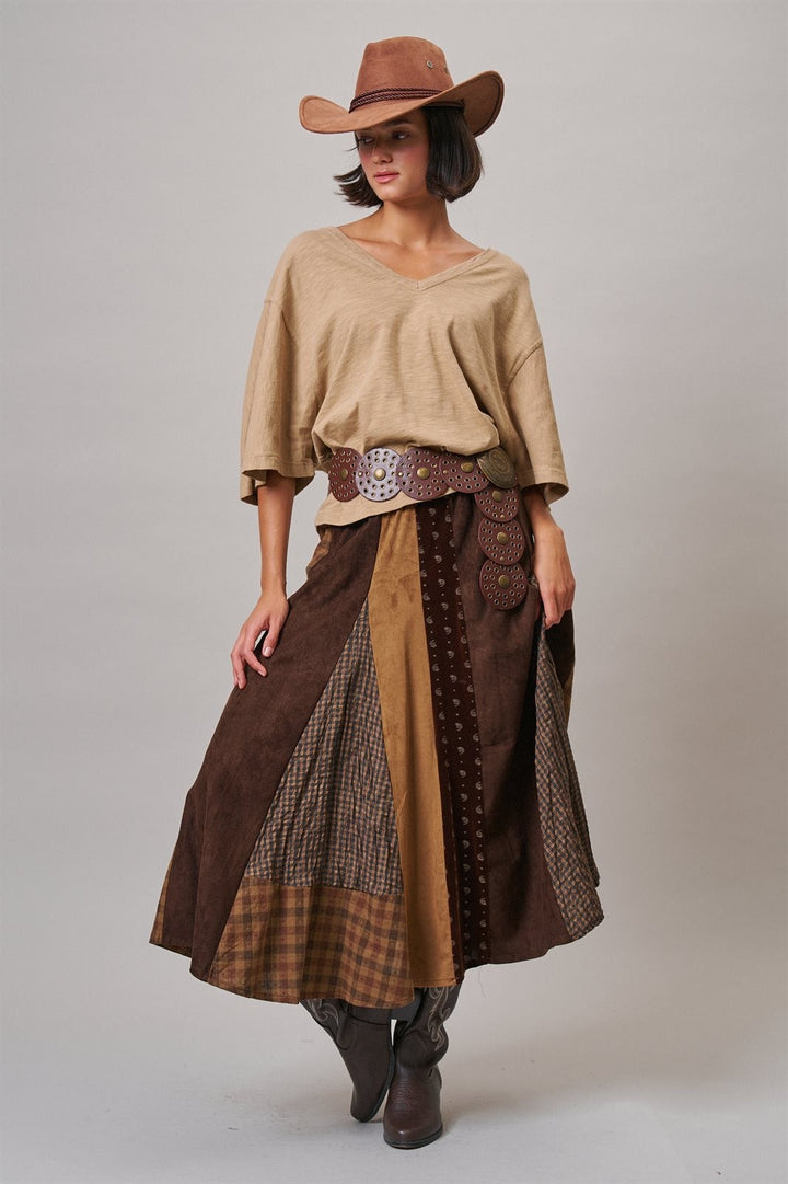 Prairie Song Patchwork Maxi Skirt in Brown - Women's Wholesale Maxi Skirts | Trend Notes