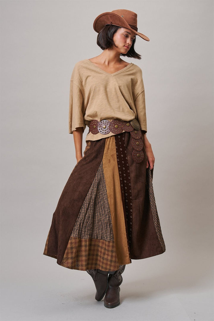 Prairie Song Patchwork Maxi Skirt in Brown - Women's Wholesale Maxi Skirts | Trend Notes