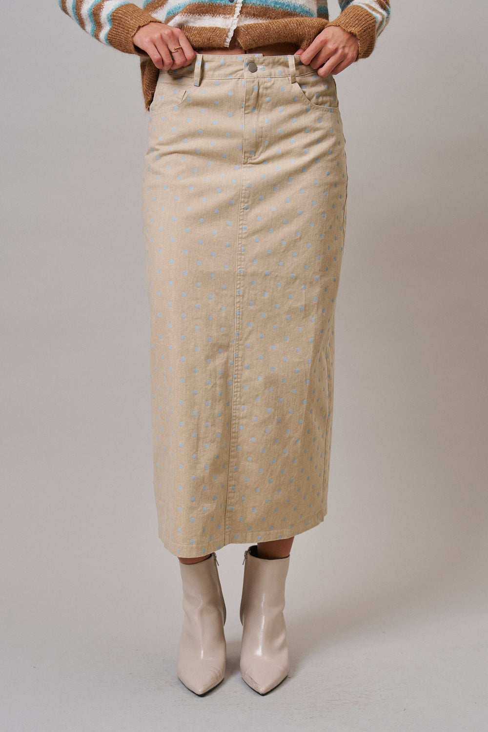 Soft Focus Polka Dot Denim Skirt in Brown - Women's Wholesale Midi Skirts | Trend Notes