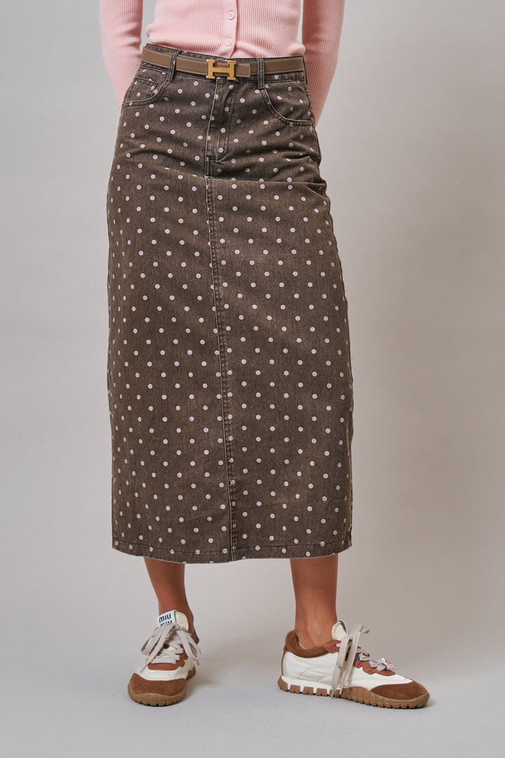 Soft Focus Polka Dot Denim Skirt in Brown - Women's Wholesale Midi Skirts | Trend Notes