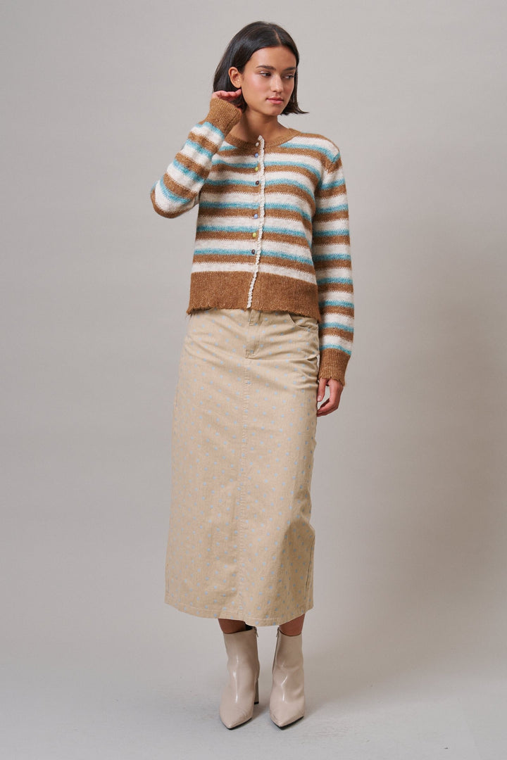 Soft Focus Polka Dot Denim Skirt in Brown - Women's Wholesale Midi Skirts | Trend Notes