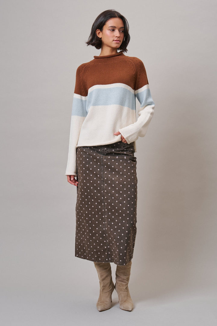 Soft Focus Polka Dot Denim Skirt in Brown - Women's Wholesale Midi Skirts | Trend Notes