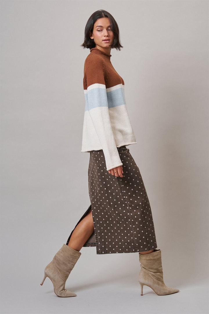 Soft Focus Polka Dot Denim Skirt in Cream - Women's Wholesale Midi Skirts | Trend Notes