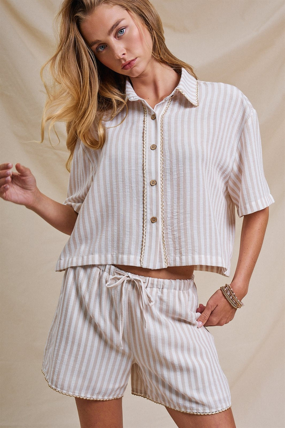 Striped Linen Drawstring Shorts with Trim Detail in Cream - Women's Wholesale Fashion | Trend Notes