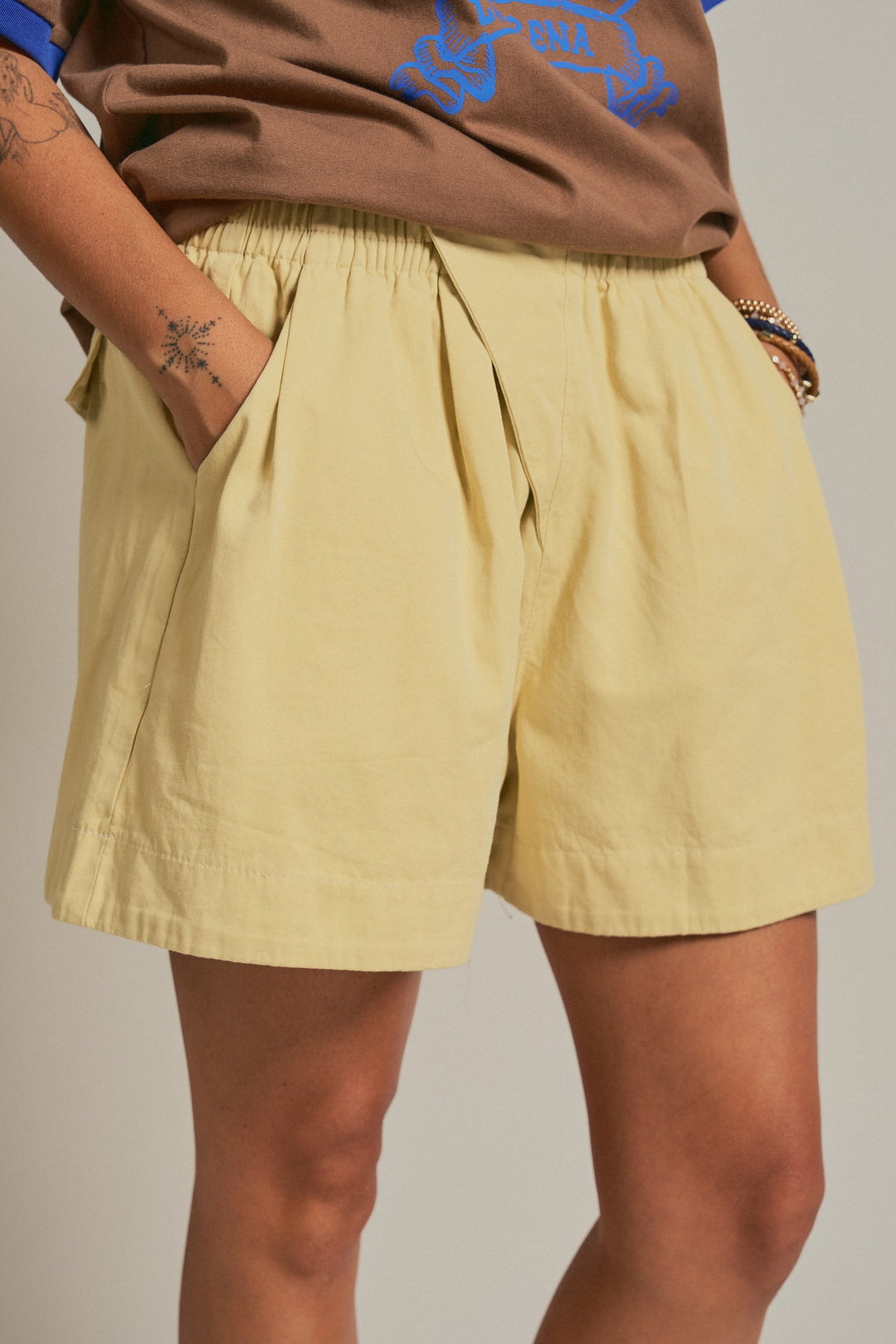 Cotton Pleated Womens Shorts Coastal Coquette Boho for Wome in Butter Yellow - Women's Wholesale Fashion | Trend Notes