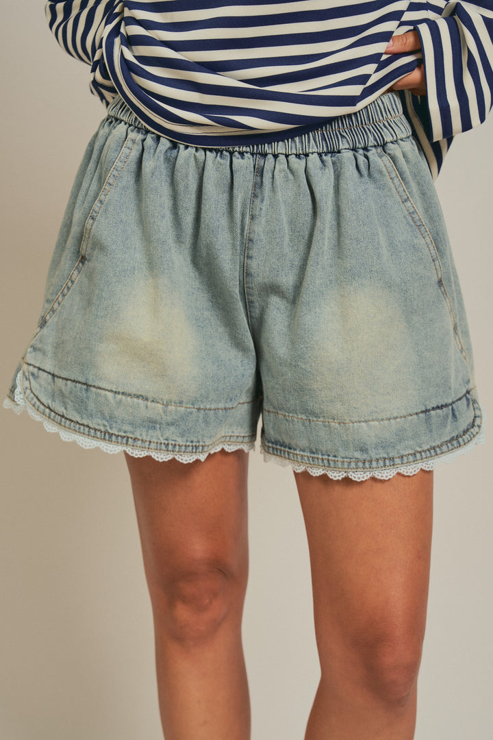 High Rise Lace Trim Denim Shorts Coquette Y2K Boho for Women in Denim - Women's Wholesale Fashion | Trend Notes