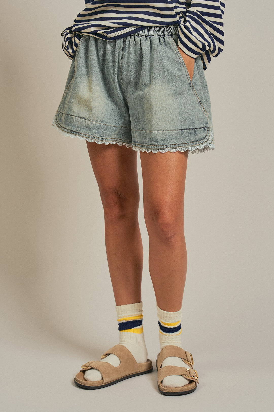 High Rise Lace Trim Denim Shorts Coquette Y2K Boho for Women in Denim - Women's Wholesale Fashion | Trend Notes