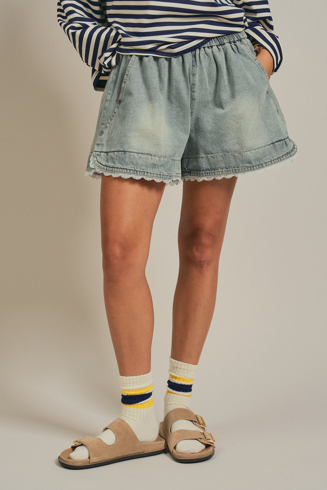 High Rise Lace Trim Denim Shorts Coquette Y2K Boho for Women in Denim - Women's Wholesale Fashion | Trend Notes