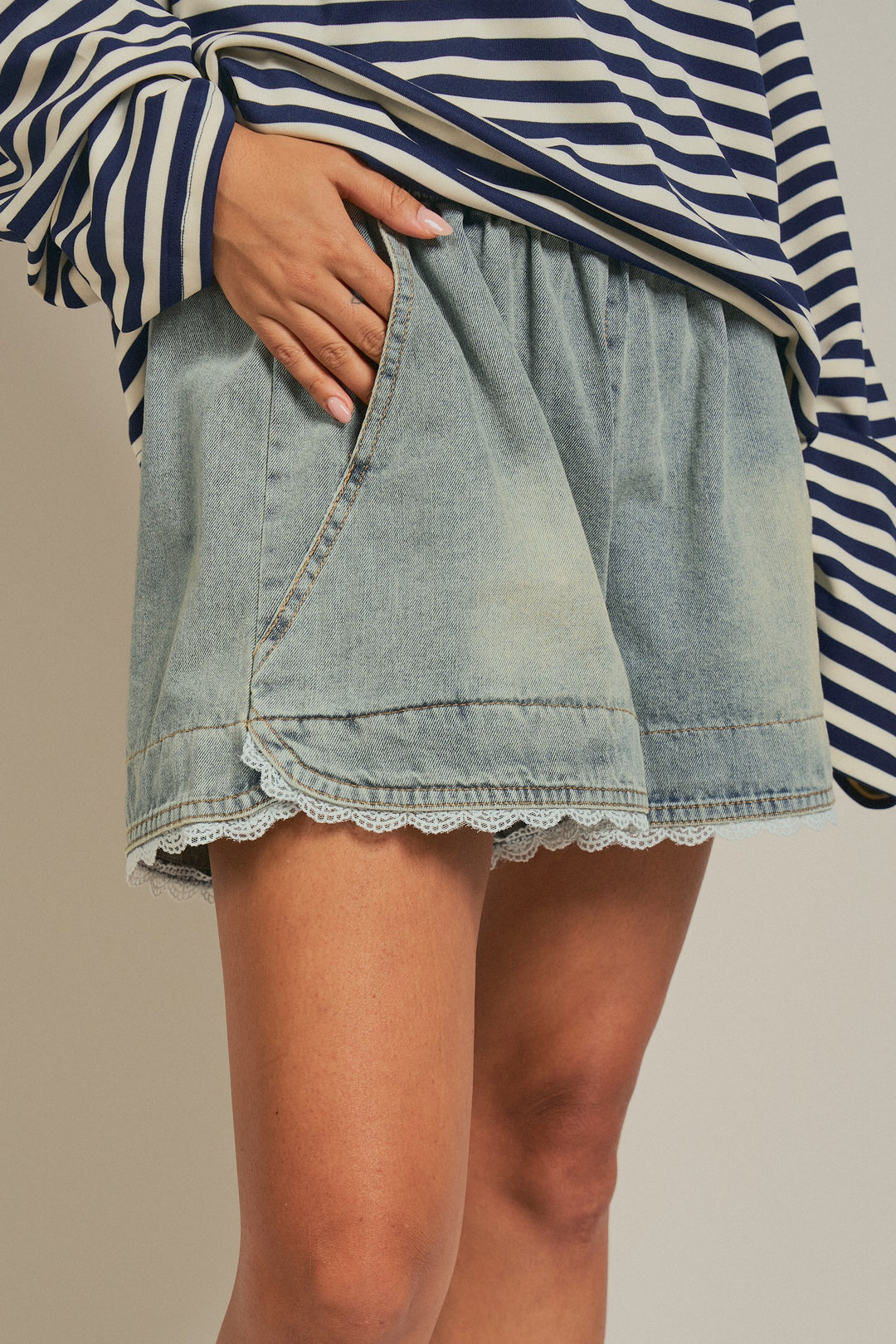 High Rise Lace Trim Denim Shorts Coquette Y2K Boho for Women in Denim - Women's Wholesale Fashion | Trend Notes