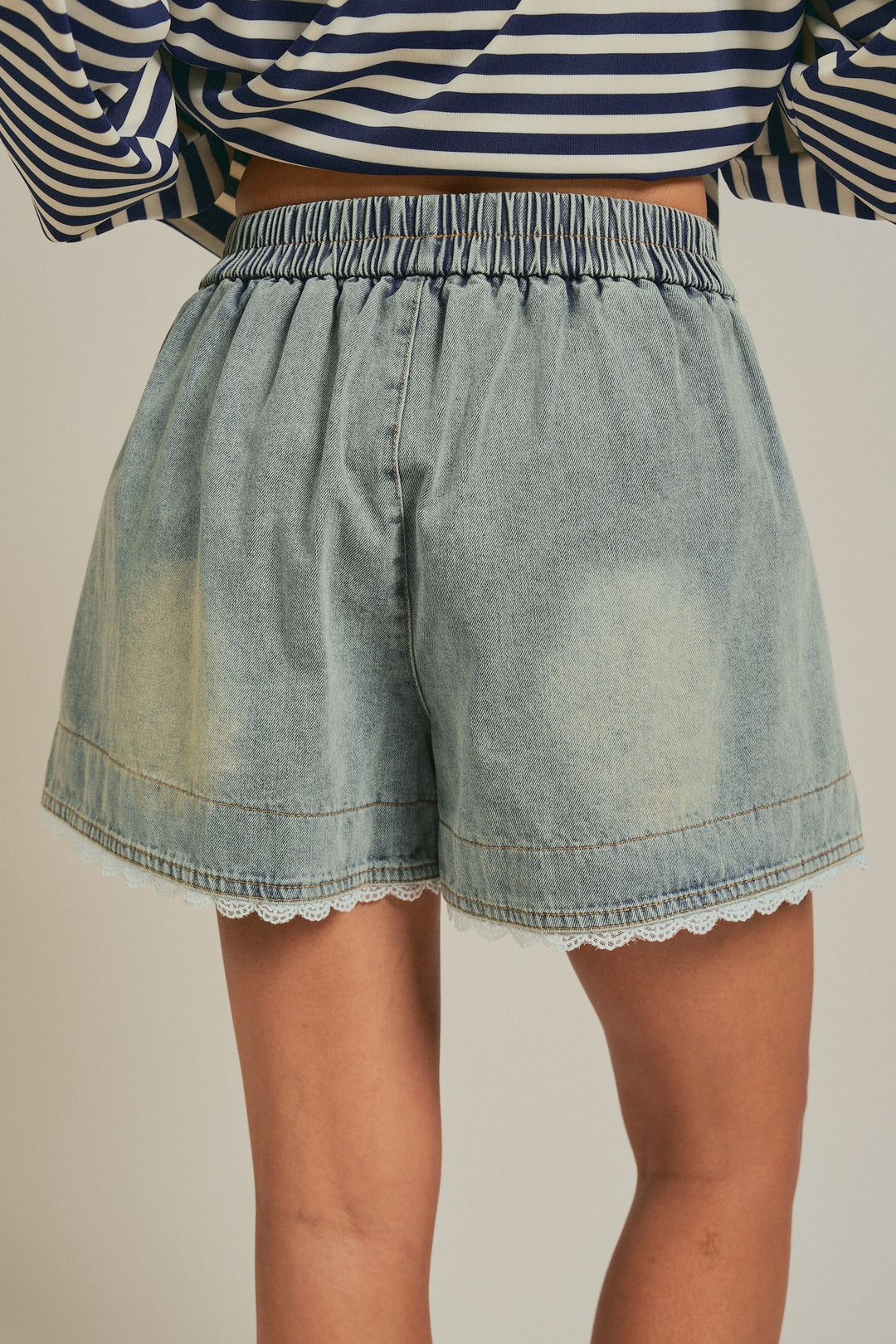 High Rise Lace Trim Denim Shorts Coquette Y2K Boho for Women in Denim - Women's Wholesale Fashion | Trend Notes