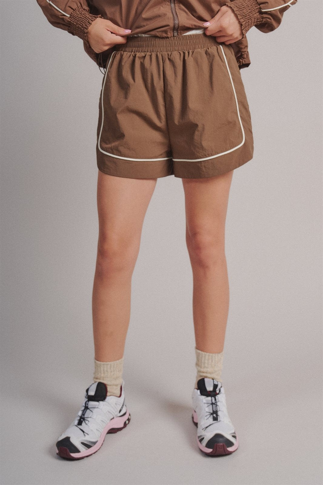 Nylon Track Shorts with Contrast Piping and Elastic Waist in Brown - Women's Wholesale Fashion | Trend Notes