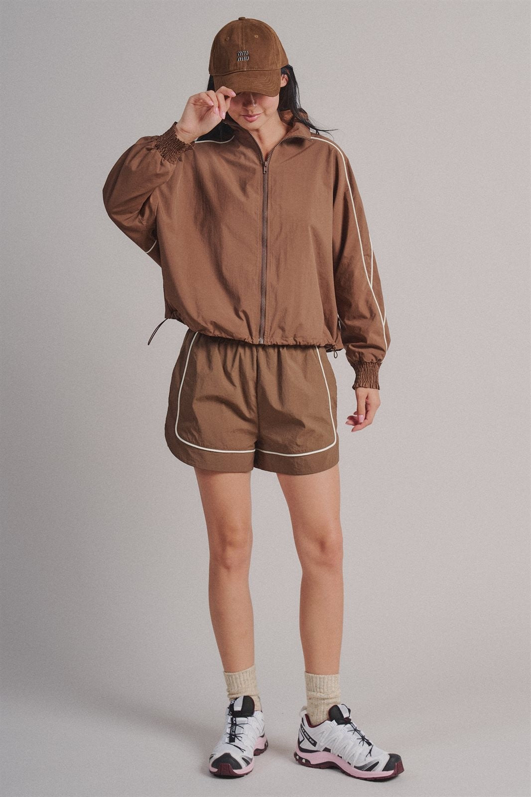 Nylon Track Shorts with Contrast Piping and Elastic Waist in Brown - Women's Wholesale Fashion | Trend Notes