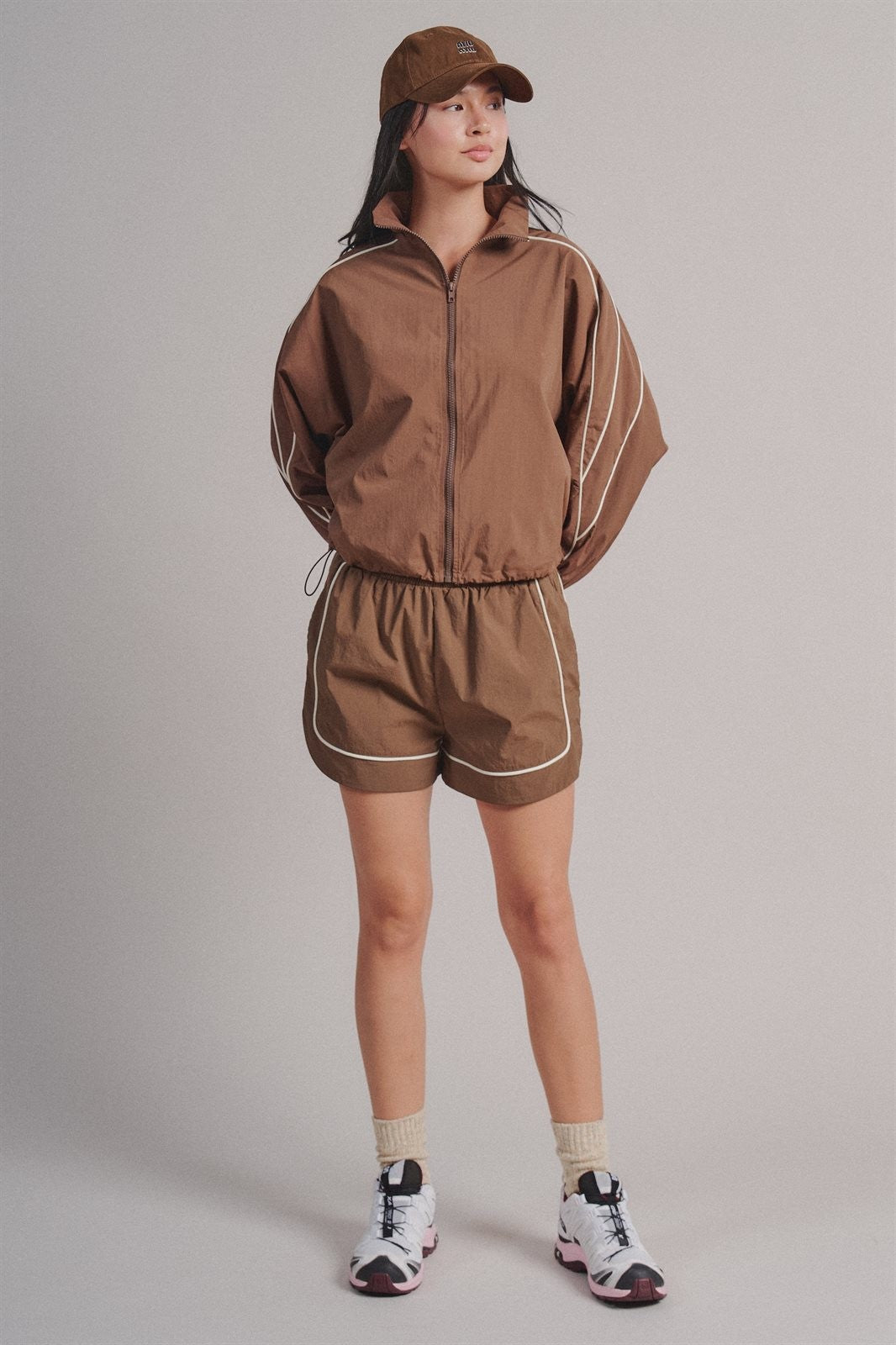 Nylon Track Shorts with Contrast Piping and Elastic Waist in Brown - Women's Wholesale Fashion | Trend Notes