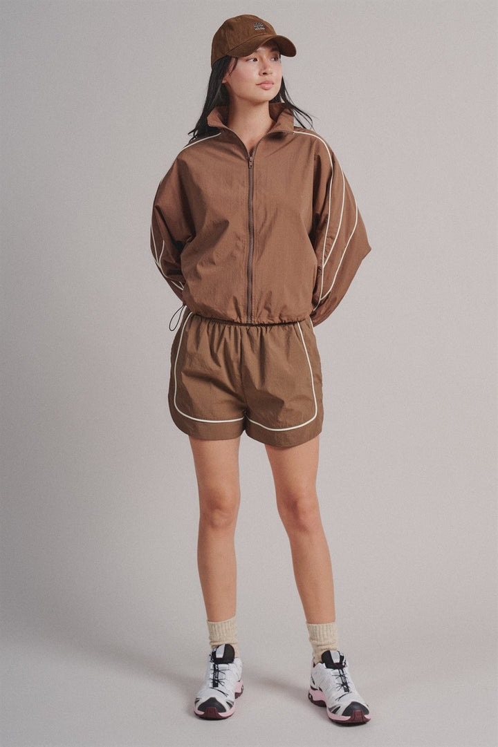Nylon Track Shorts with Contrast Piping and Elastic Waist in Brown - Women's Wholesale Fashion | Trend Notes
