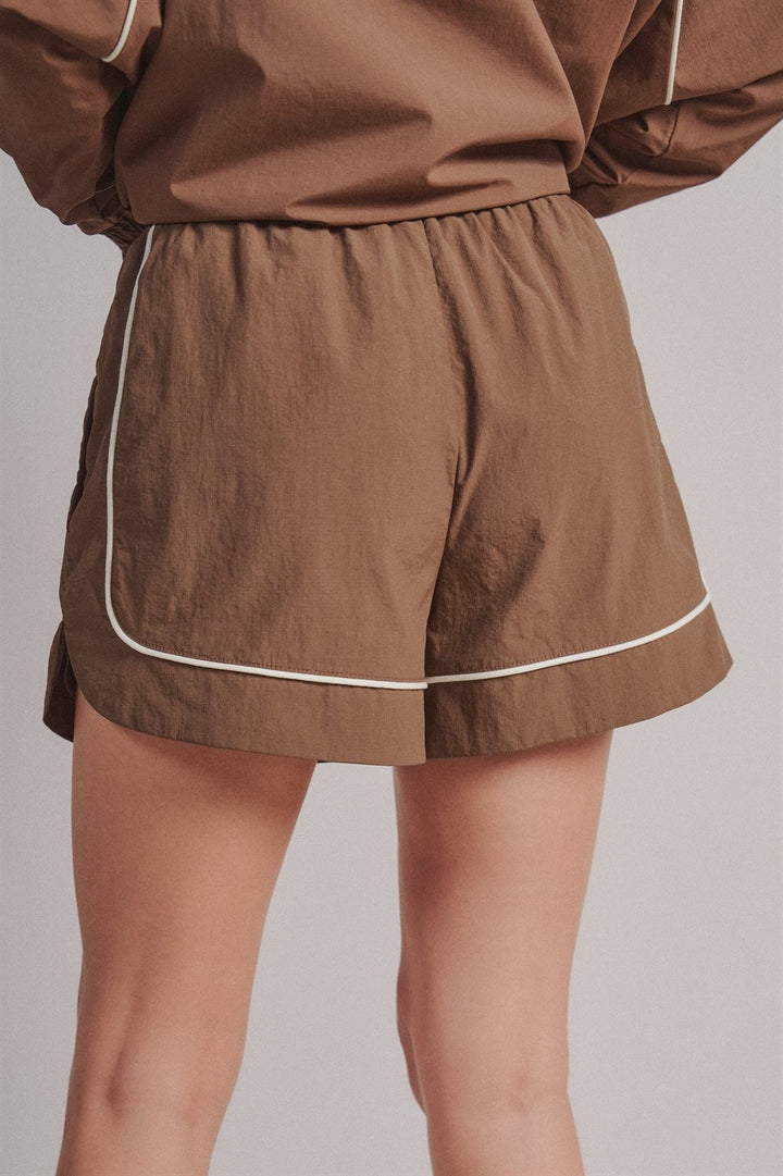 Nylon Track Shorts with Contrast Piping and Elastic Waist in Brown - Women's Wholesale Fashion | Trend Notes