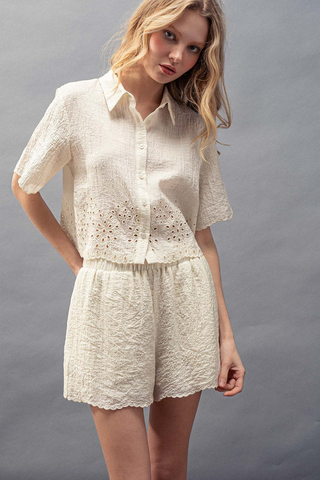 Summer Breeze Eyelet Set in Ivory - Women's Wholesale Outerwear Sets | Trend Notes