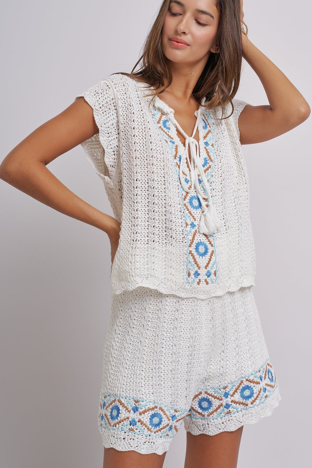 Santorini Breeze Crochet Embroidered Set in Ivory Blue - Women's Wholesale Sets | Trend Notes