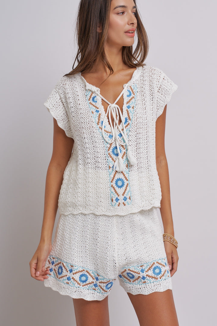 Santorini Breeze Crochet Embroidered Set in Ivory Blue - Women's Wholesale Sets | Trend Notes
