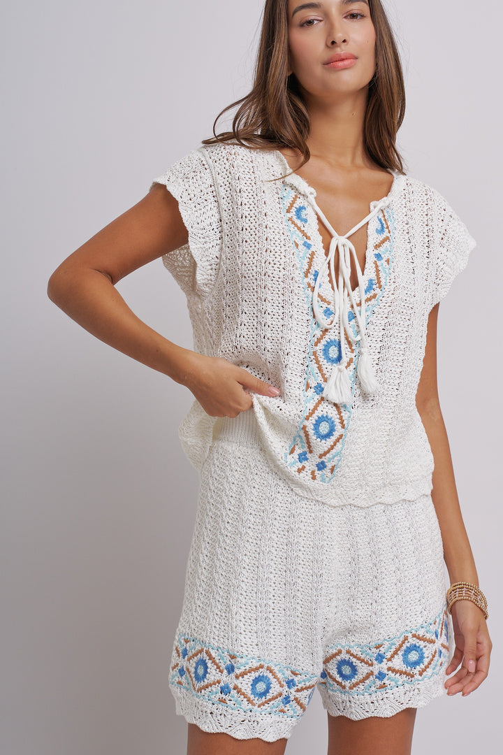 Santorini Breeze Crochet Embroidered Set in Ivory Blue - Women's Wholesale Sets | Trend Notes