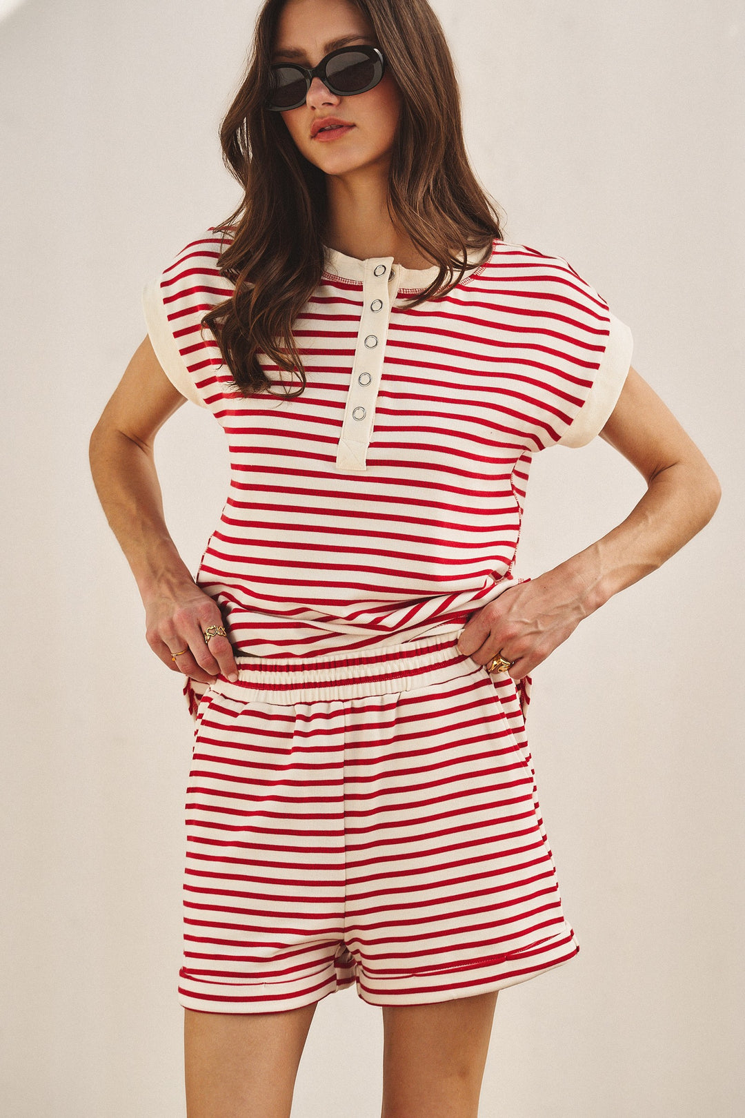 Easy Nautical Stripe Henley Set in Red - Women's Wholesale Sets | Trend Notes
