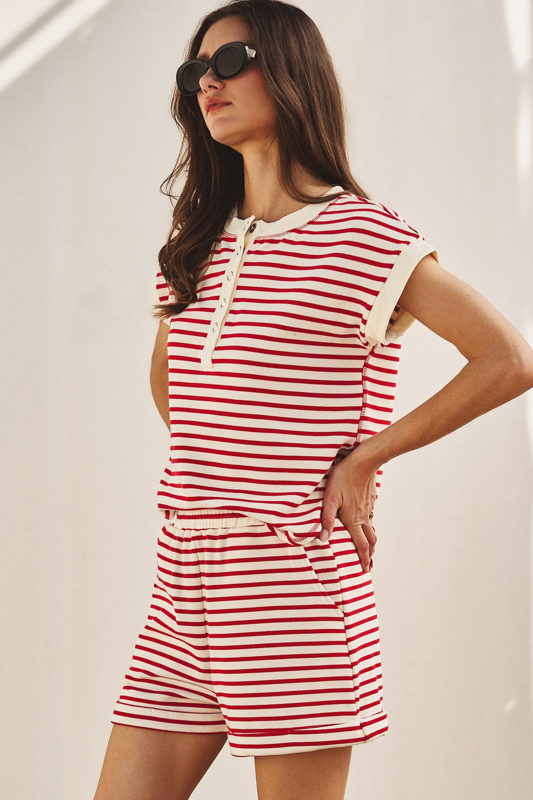 Easy Nautical Stripe Henley Set in Red - Women's Wholesale Sets | Trend Notes