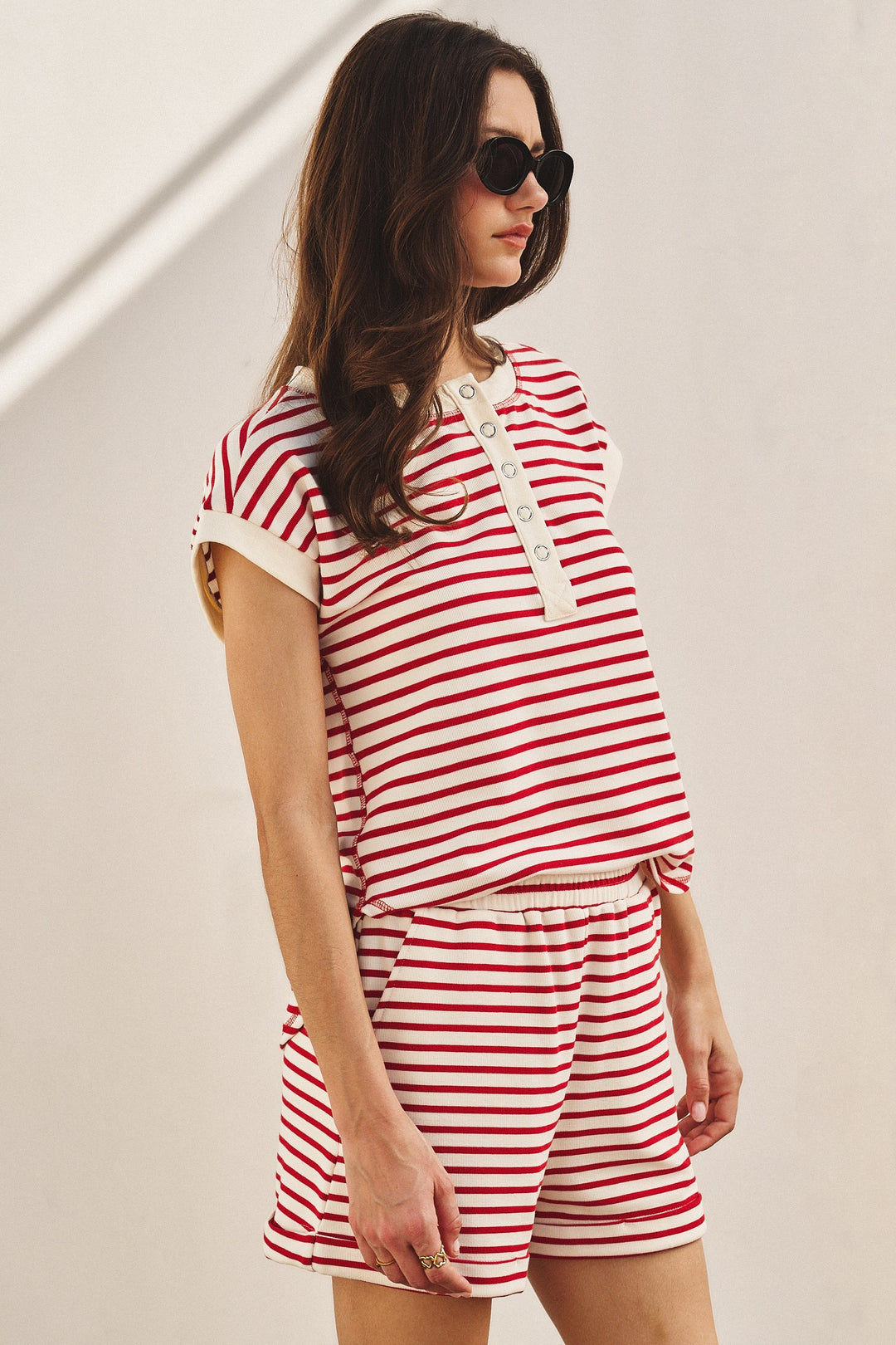 Easy Nautical Stripe Henley Set in Red - Women's Wholesale Sets | Trend Notes