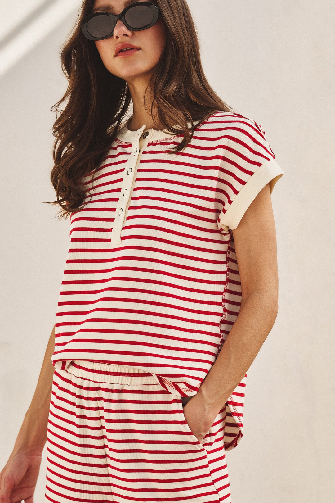 Easy Nautical Stripe Henley Set in Red - Women's Wholesale Sets | Trend Notes