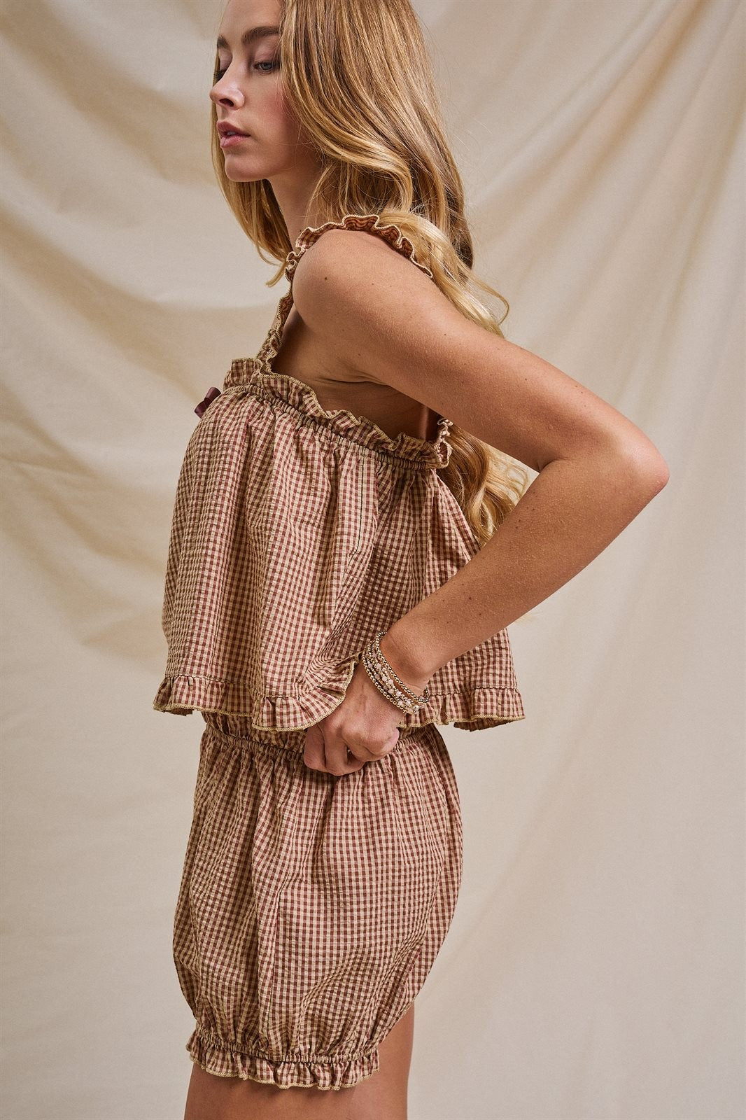 Sweet Summer Crush Gingham Set in Tan - Women's Wholesale Sets | Trend Notes