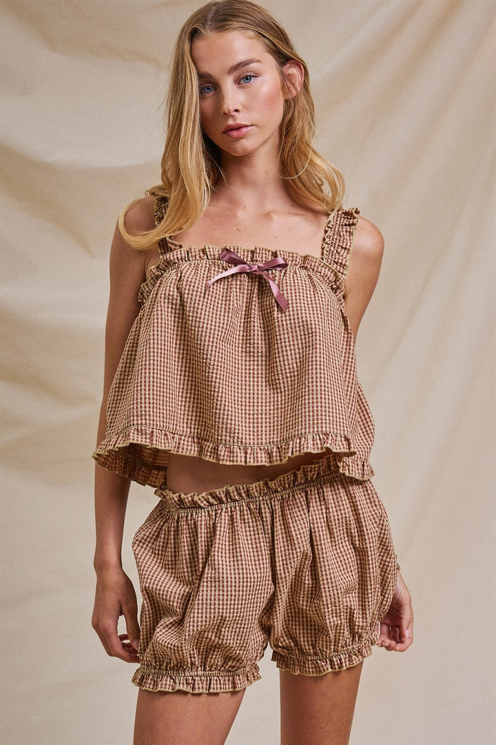 Sweet Summer Crush Gingham Set in Tan - Women's Wholesale Sets | Trend Notes